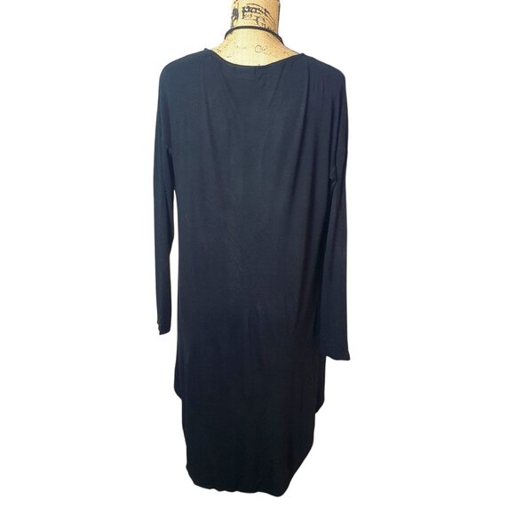 Cato Womens Draped Blouse L Black High Low Oversized Brooch Goth Chic Work Luxe - Picture 3 of 7